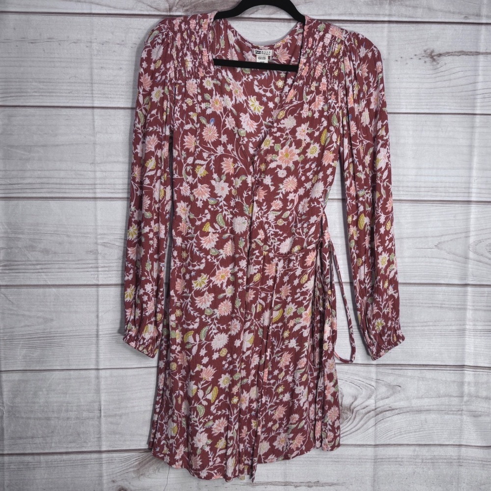 Billabong Womens Floral Long Sleeve Mini Wrap Dress Red Clay Boho Size Small